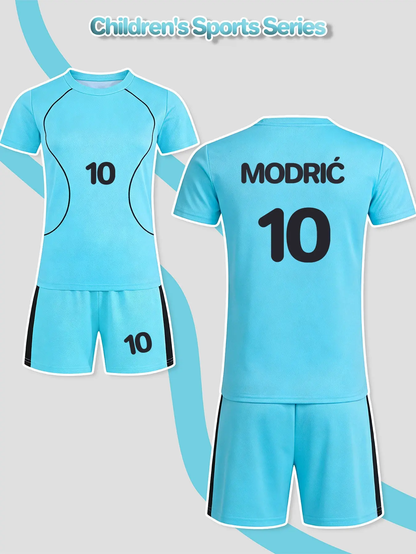 Children's football uniform two-piece set with name MODRIĆ and number 10 - breathable and quick-drying youth sports clothing set jersey and shorts set, suitable for football training, competitions and outdoor sports, Sporty Set