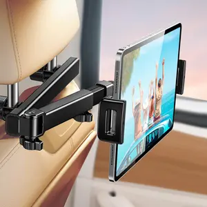 Car Headrest Tablet Mount with 360° Rotating Adjustable Arm, Metal Rod, Folding Stand, Charging Slot & Universal Fit for iPad Pro 12.9/Mini, iPhone, Galaxy Tab, Switch