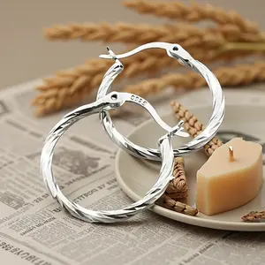 2Pairs/1pair S925 Silver Round Hoops | Diamond-Twist Texture | Spring Hook | Minimalist Daily Earrings​