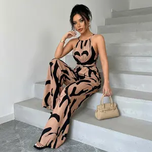 Women's Halter Neck Sleeveless Jumpsuit Lightweight Printed Romper Wide Leg Long Pants with Tie Waist for Summer Beach Vacation & Casual Party Wear