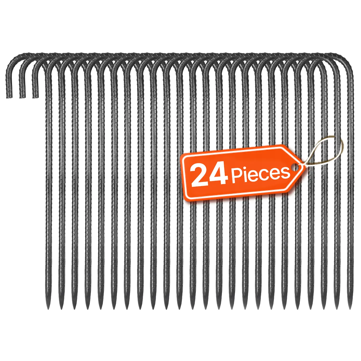 VEVOR Rebar Stakes,  16-Inch, Heavy-Duty 0.4 in Diameter J Hook, Galvanized Steel Ground Anchors with Chisel Point End & Rust-Resistant Coating, for Gardening Support, Fence, Camping Tents (24-Pack)