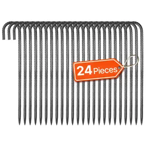 VEVOR Rebar Stakes,  16-Inch, Heavy-Duty 0.4 in Diameter J Hook, Galvanized Steel Ground Anchors with Chisel Point End & Rust-Resistant Coating, for Gardening Support, Fence, Camping Tents (24-Pack)