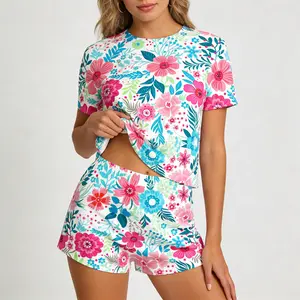 Women's Floral Print Pajama Set, Long Sleeve Top & Elastic Waist Pants, Soft Knit Fabric, All Seasons Loungewear, Casual Sleepwear for Women