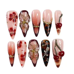 NAILROSY Handmade Press On Nails Medium Stiletto Multicolor Acrylic Floral Design Reusable Nail Art Kit with Gift Box for Festivals & Parties