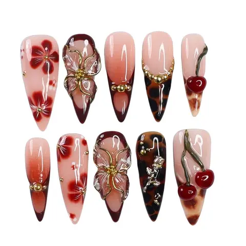 Nailrosy Press-on Acrylic Lotus Style Nails Set - 10-Piece Handmade Reusable Glossy Medium Stiletto Nails, No-Size DIY Manicure Kit with XS Option, Cute Gift Box for Women's Graduation, Parties