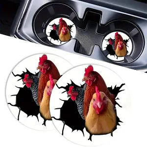 Chicken Car Cup Holder Coasters, 3D Cracked Hole Rooster Absorbent Rubber Mat, Funny Farmhouse Aesthetic Automotive Interior Decor Accessories 2pc
