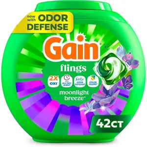 Gain Flings Liquid Detergent Pods with Odor Defense + Color Guard, Moonlight Scent, Liquid Laundry Detergent Pacs, & Fresh, 42 Count (Packaging May Vary)