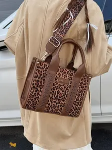 Fashion Leopard Print Corduroy Tote Bag, Large Capacity Multi-Pocket Handbag, Adjustable Shoulder Strap, Winter Casual Commuter PU Bag, Casual Crossbody Bags