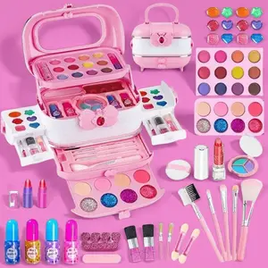 Dream Beauty Makeup Suitcase - Foldable Washable Water Soluble Formula Cosmetic Set Beauty Playset with Mirror, Brushes, Eyeshadow, Lip Gloss, Nail Polish - All-in-One Portable Princess Makeup Kit for Girls, Perfect Gift for Christmas, Easter, Birthdays