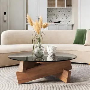 Triangle Glass Coffee Table with Irregular Wooden Base End Table Mid-Century Modern Abstract Design for Living Room Study Room Office Hotel Balcony 31.5 x 31.5 x 12.2 inch