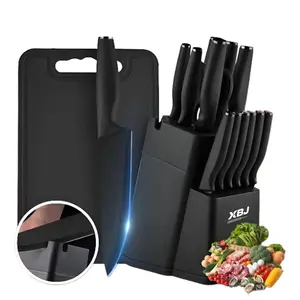 XBJ Premium 15-Piece Stainless Steel Kitchen Knife Set with Built-in Sharpener | Includes Chef Knife, Japanese Knife, Meat Cleaver, Bread Knife, Steak Knives & Scissors | Washable, Plastic Handles | Perfect Gift SetPink/Black/White