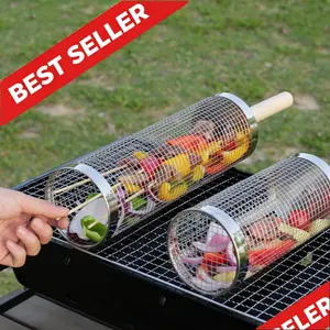 Viral Rolling Grilling Basket with Detachable Handle - Aesthetic 360° BBQ Cylinder for Veggies & Fries - Effortless Outdoor Camping & Picnic Barbecue Tool Set