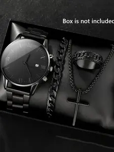 Men's Fashion 4-piece Set: Black Quartz Watch Band Calendar, Cross Pendant Necklace, Ring and Bracelet - Perfect Gift, Elegant Jewelry Set, Matching Jewelry Set