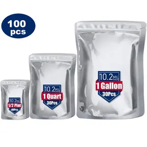 100 Mylar Bags For Food Storage - 10 mil 1 Gallon (30pc), 8 mil 1 Quart (30pcs), 6 mil 1/2 Pint (40pc), Stand Up Resealable Mylar Bags