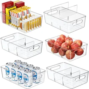 6 Pack Pantry Organizers and Storage, Clear Plastic Containers with 2 Dividers for Kitchen, Fridge Organization and Storage, Acrylic Bins for Pounches, Spice Packet, Snack Organizer
