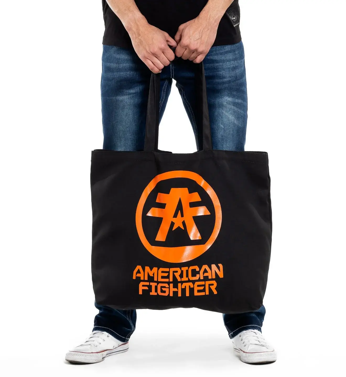American Fighter Black Tote, 100% Cotton Graphic Logo Shoulder Bag for Work, Casual Travel, or Weekend Use, Travel Tote, Weekend Bag, Work Bag
