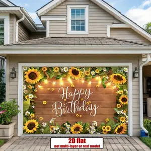 1PC,2D Flat Happy Birthday Sunflower Theme Door Banner, Wood - textured Background with Light - effect Decorative Banner, Outdoor Garage Door Wall Festival Decoration Cloth, Hanging Cloth for Birt