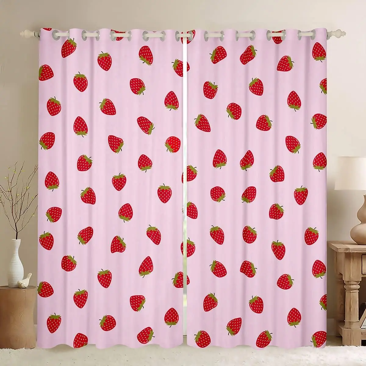Blush Pink Strawberry Pattern Child-Friendly Curtains, Beautiful Patterns Modern Home Textile Drapes, Bedroom Living Room Decoration Soft Furnishing Accessory, Beautiful Patterns Curtains, Blush Pink Curtains
