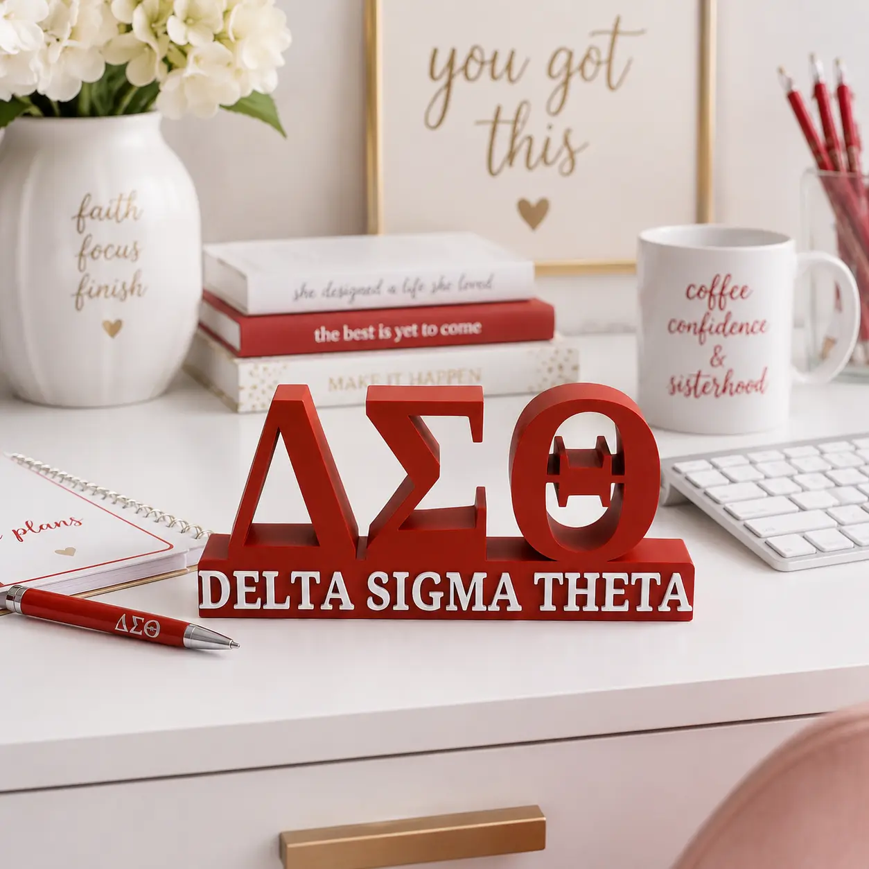 Delta Sigma Theta Desk Stand | Red & White Sorority Desk Decor | DST Office Decor | 3D Printed Desktop Display Gift