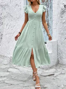 2026 Euro-American Summer New V-Neck Slit Fresh Light Green Textured Dress | Premium Feel, Elegant & Slimming, Perfect for Daily & Vacation