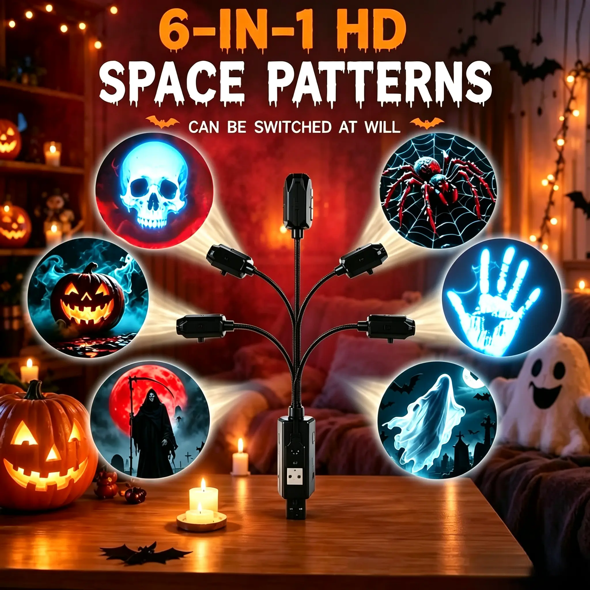 6-in-1 Halloween Projection Lamp, HD Spooky Pattern Projector Light with Skull, Spider, Pumpkin, Ghost & Grim Reaper Slides, 360° Flexible USB Powered Night Light for Bedroom, Halloween Party, Haunted House & Holiday Decor