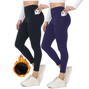 2Pcs/2Pack Women's Fleece Lined Leggings Thermal Warm Winter Tights High Waisted Yoga Pants with Pockets for Cold Weather