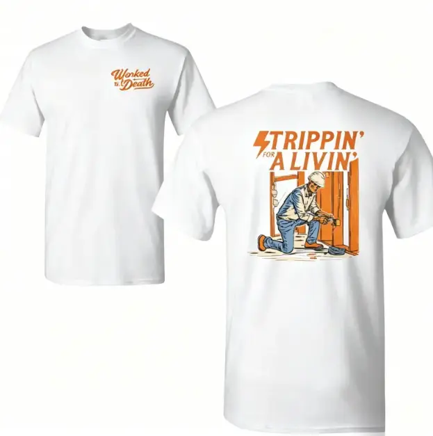 Strippin' For A Livin' Electrician T-Shirt  Funny Electrician Graphic Tee, 2 Sided Blue Collar Humor Shirt, Electrical Worker Gift, Tradesman Shirt, Workwear Streetwear Top, Funny Job Shirt For Men & Women
