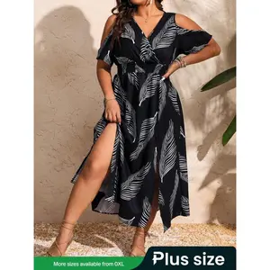 [Plus Size]Cold Shoulder Split Hem Wrap Dress, Summer Dresses, Chic Elegant Fashion Casual A Line Dress for Summer, Plus Size Summer Dresses, Plus Size Women's Clothing, Women Clothes for Beach Holiday