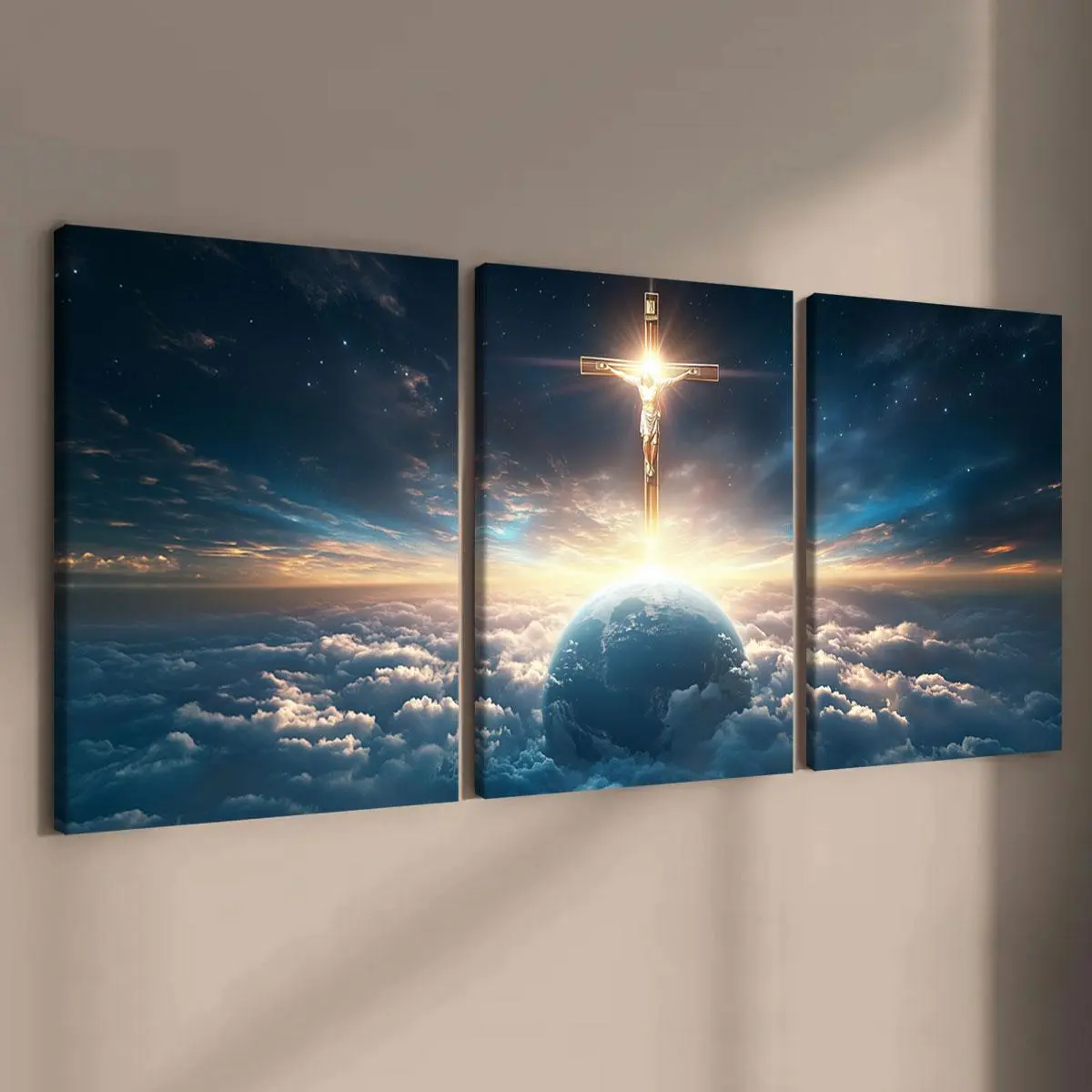 Christ Jesus Pattern Canvas Painting Framed, 3 Counts Christ Cross Print Religious Art Poster, Wall Art Decor for Home Living Room Bedroom Office, Ornaments