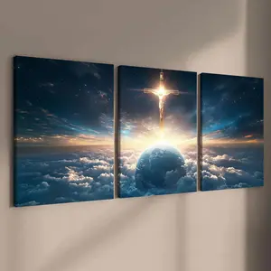 Christ Jesus Pattern Canvas Painting Framed, 3 Counts Christ Cross Print Religious Art Poster, Wall Art Decor for Home Living Room Bedroom Office, Ornaments