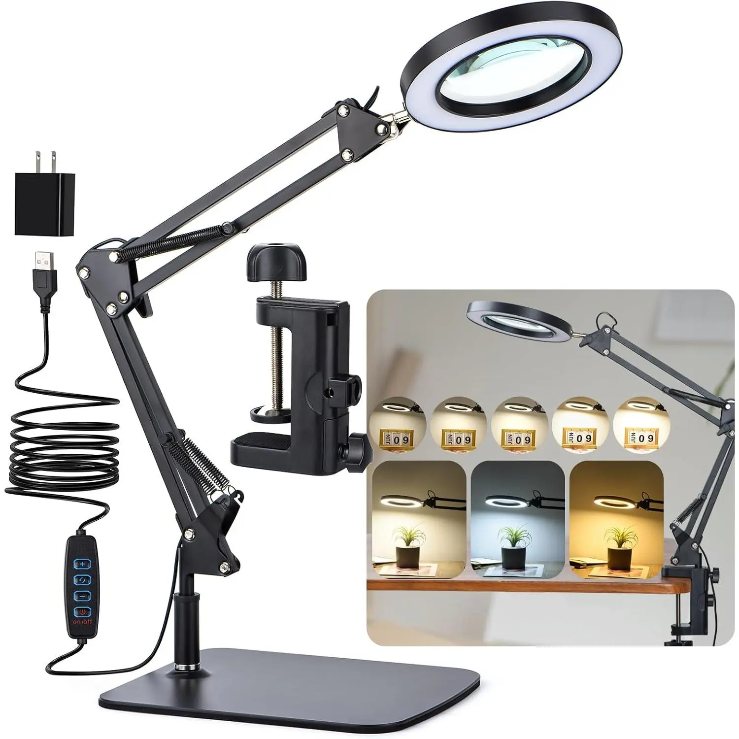 LED Magnifier Desk Lamp with Stand and Clamp - 3 Color Modes, Stepless Dimming, 5-Diopter Glass Lens, Adjustable Swivel Arm - Dimmable Desk Lamp for Close Work, Repair, Desk Lamps