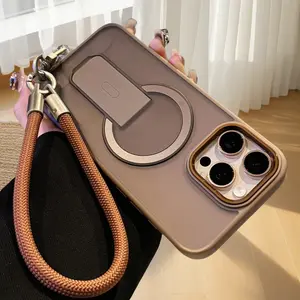 Fashion lanyard case foldable magnetic invisible bracket iPhone 16 Pro Max 15 14 13 iPhone Case frosted Acrylic hard back shockproof silicone phone frame case