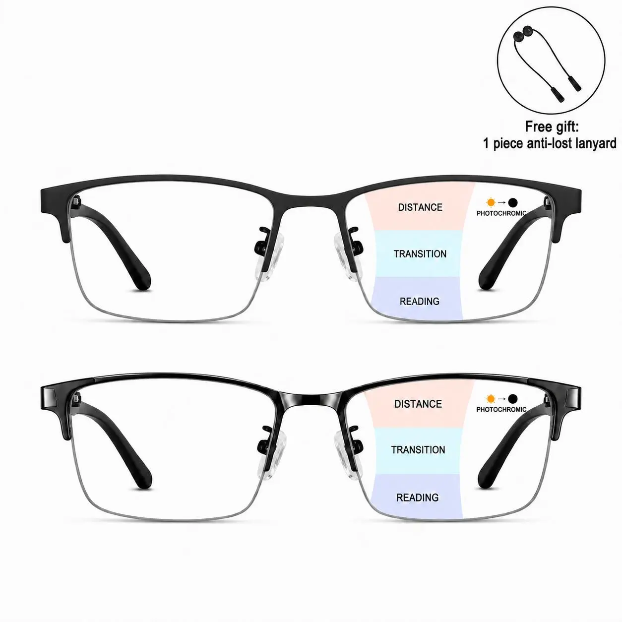 Progressive Multifocal Photochromic Reading Glasses for Men & Women, Ultra-Lightweight Transition Readers for Near, Mid & Far Range Vision, Anti-Lost Neck Lanyard Included