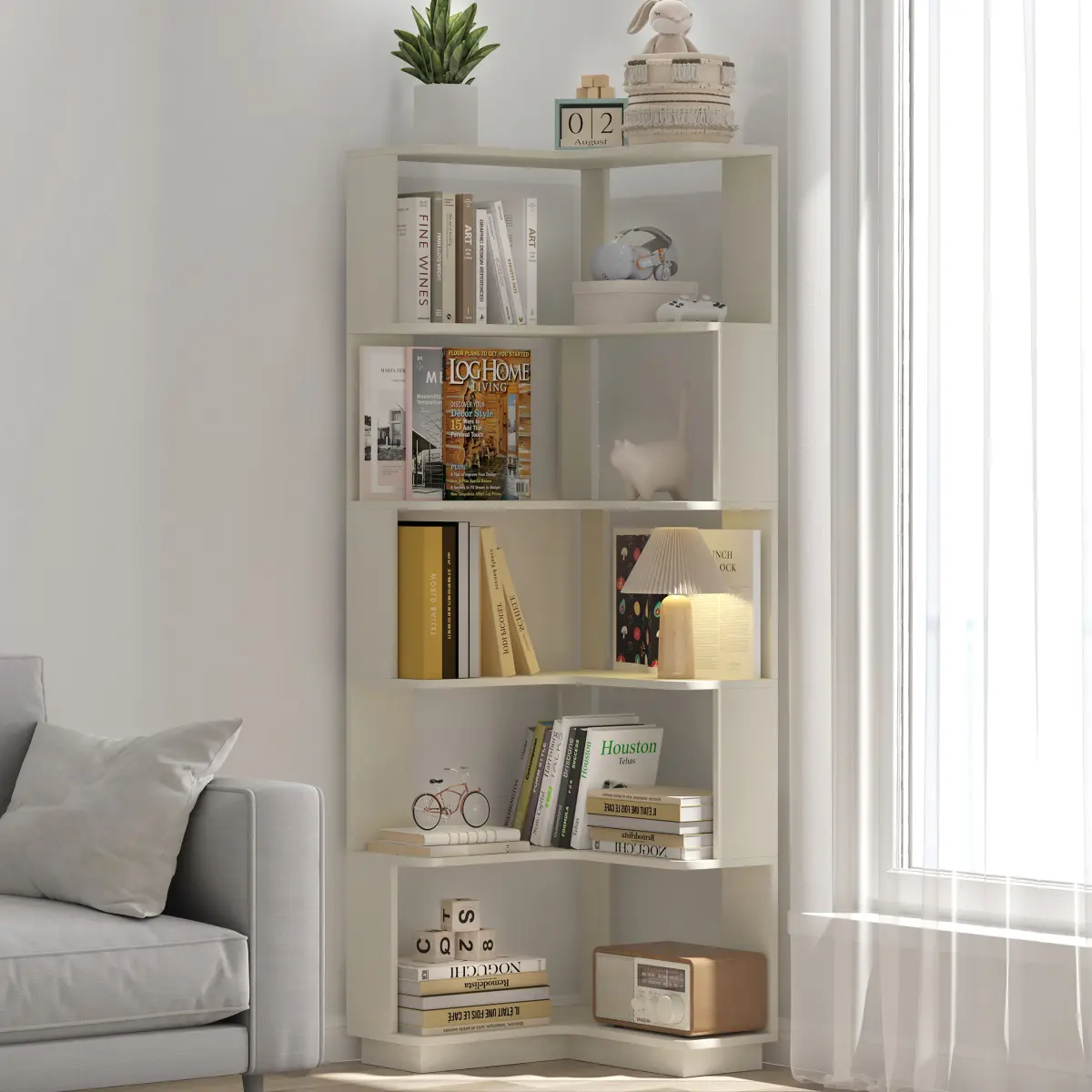 L-Shaped 6-Tier Corner Bookshelf, 15mm Wood Grain Particle Board Freestanding Shelving Unit, Hollow Back Panel with Anti-Fall Baffle and Rounded Corner, Anti-Tip Wall Design Multi-Color Space-Saving Display Rack for Bedroom Living Room Office