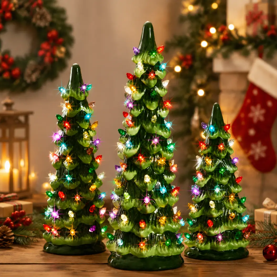 3 Pack LED Lighted Resin Christmas Trees, Mini Tabletop Christmas Tree Decor, Christmas Holiday Decorations, Cute Festive Home Ornament for Indoor Party