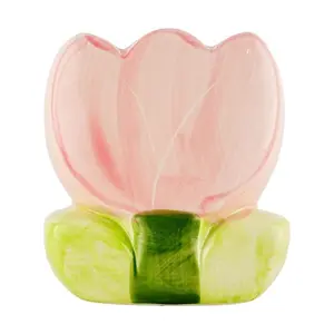 Golden Lion Pink Tulip Ceramic Pen Holder - Makeup Brush Organizer, Desk Decor, Desktop Storage Container 11.3*6.9*12.2CM