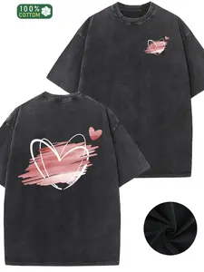 Pink Brushstroke Heart Graphic T-Shirt, Vintage Washed 100% Cotton Tee, Oversized Crew Neck Shirt, Romantic Casual Short Sleeve Top, Trendy Coquette Aesthetic Cotton Tee for Love Theme Fans, Minimalist Style Lovers and Casual Fashion Enthusiasts