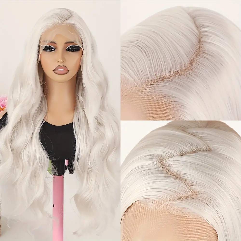 Women's 28-In Synthetic Platinum White Lace Front Wig - 13X6 Loose Curly Wave, Glueless, Pre-Plucked Hairline, 180% Density Free Part, Versatile for Daily Wear & Special Occasions, Glueless Wigs