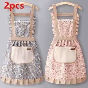 2Pcs Floral Princess Aprons with Adjustable H-Strap & Pocket, Pink Beige Flower Pattern for Cooking Baking Restaurant