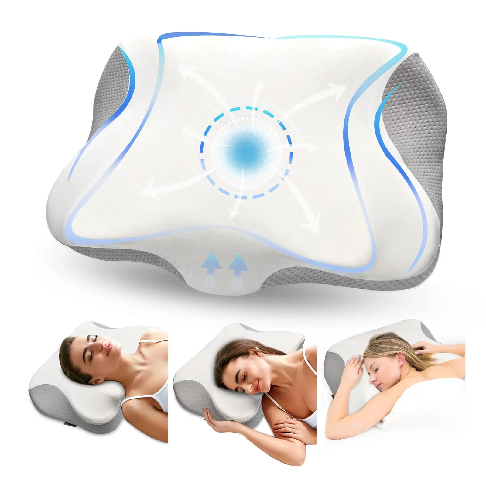 Ergonomic Contour Cervical Pillows, Memory Foam Pillow for All Sleepers, White Gray, King Size, Breathable, All Season, Butterfly Shape