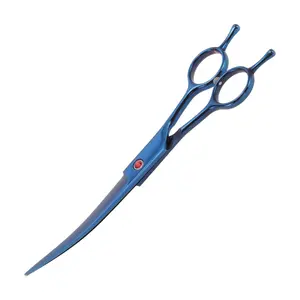 VOCOSTE Dog Grooming Scissors, with Ergonomic Handle, Pill Popper for Cats, Upper Bend Shears, Stainless Steel Curved Shears for Dogs Cats, Blue, 7.5inch