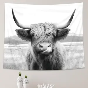 Highland Cow Tapestry, Funny Western Decor, Wall Art for Bedroom, Dorm, Living Room Decoration Peach unique gift polyester peach colorful decorative