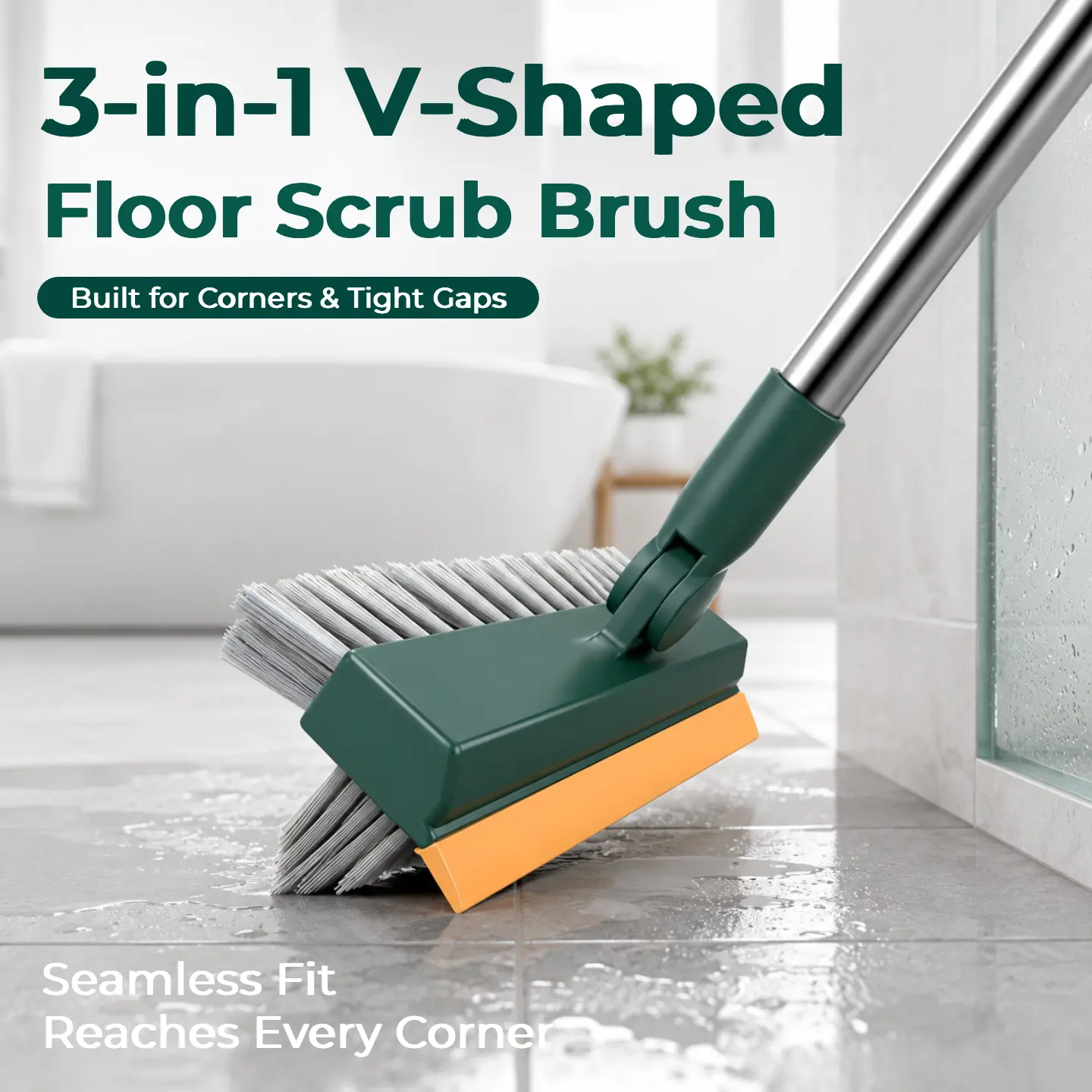 3-in-1 Floor Scrub Brush Broom with 52.3" Long Handle,Squeegee and Heavy-Duty Stiff Bristle for Cleaning Tub Bathroom Tile Wall Patio Garage Kitchen home kit