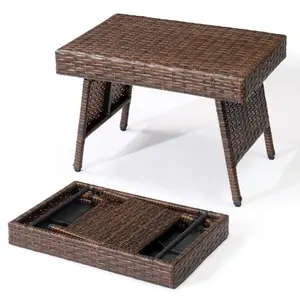 Outdoor Folding Side Table, Patio Rattan Coffee Table, Brown PE Wicker Table with Steel Frame, Garden Poolside Balcony Furniture, Compact Portable Folding Table