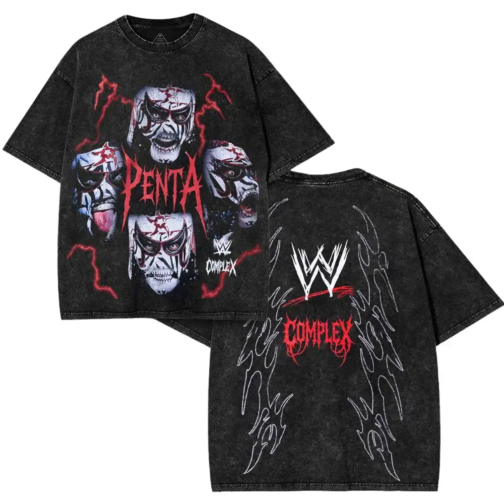 WWE HARDCORE PENTA Washed Graphic Wrestling Shirt - Heavyweight Wash Cotton Oversized Tee