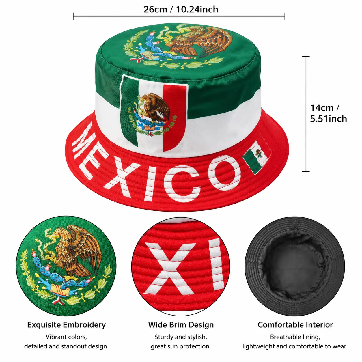 Mexican flag bucket hat, casual sun hat, lightweight and breathable polyester fiber material, outdoor sun protection, Mexican pride, suitable for outdoor work, fishing, camping, quick-dry and hiking, one size fits all, unisex design, summer  season