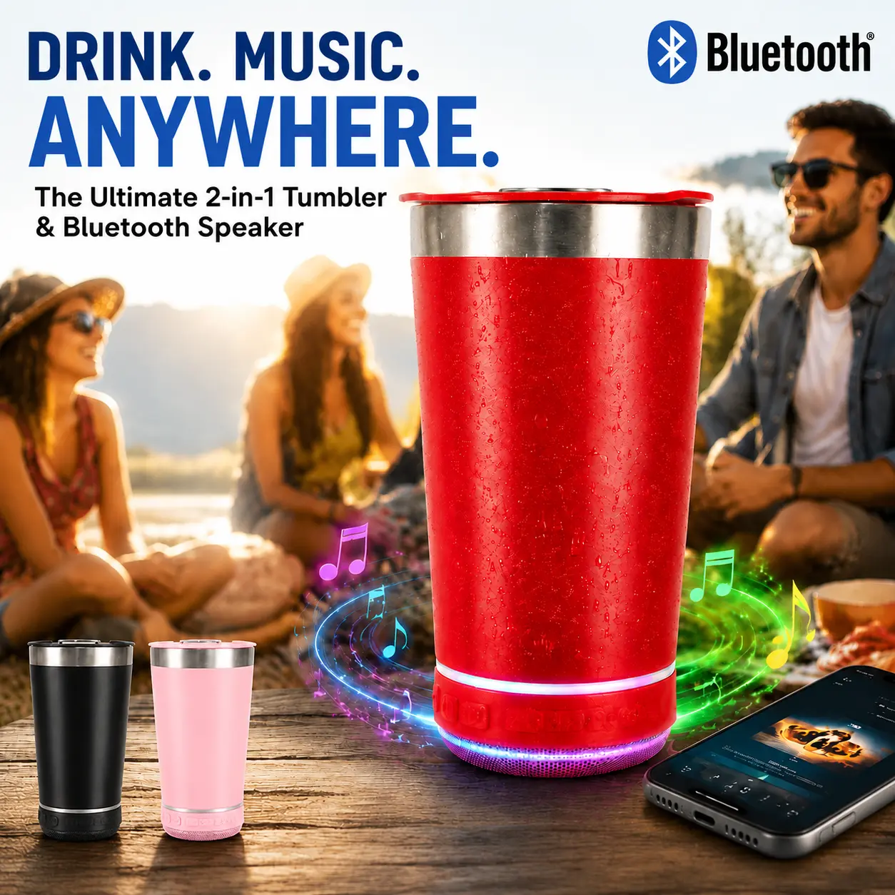 16oz Stainless Steel Insulated Vacuum Flask Tumbler - Multicolor Drinkware with Built-in Wireless BT Audio, Rechargeable Battery, LED Lights, Sip + Sound Functionality, Ideal Kitchen Gift for Enthusiasts