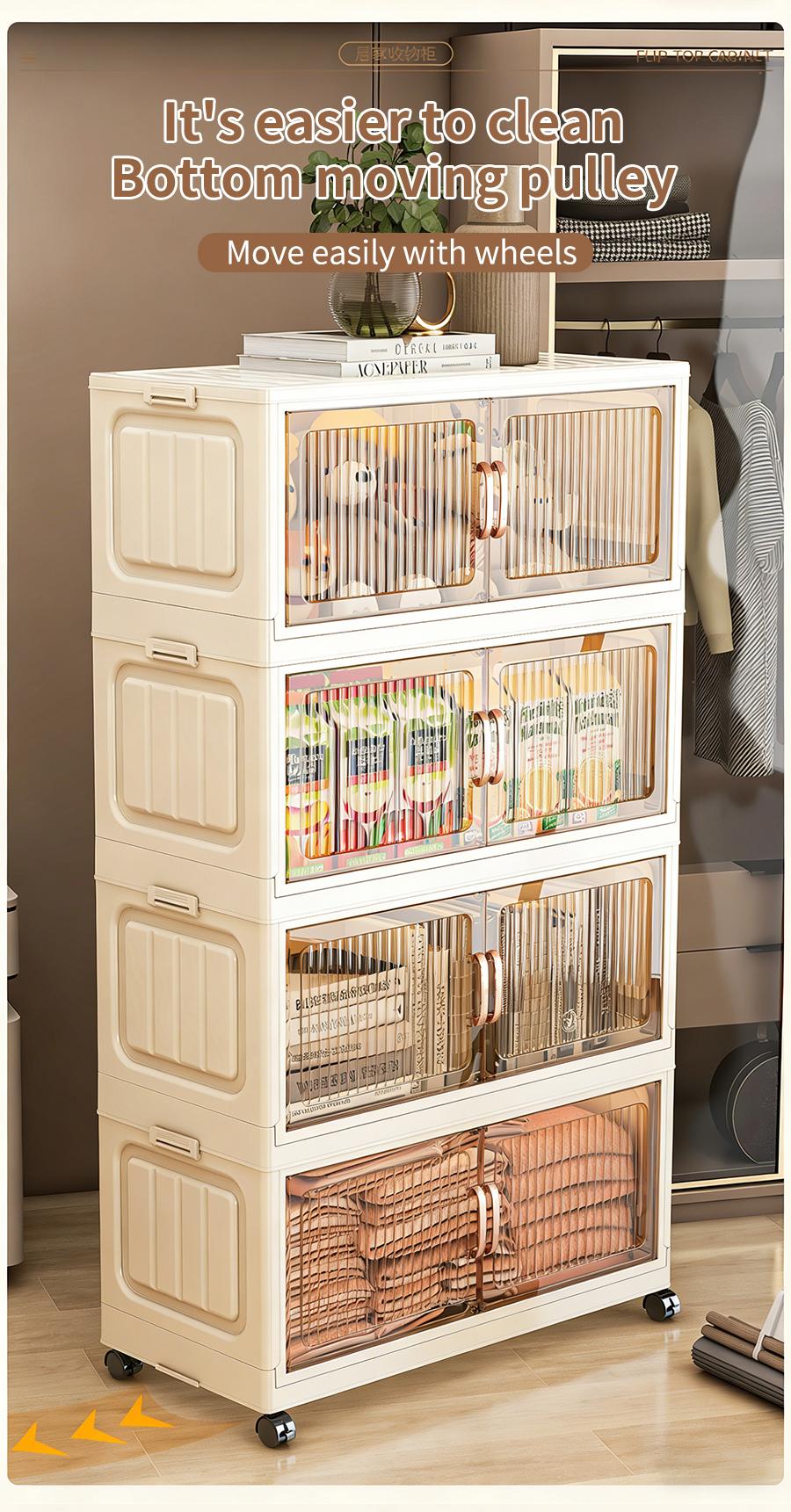 No Assembly Required Foldable Storage Cabinet with Wheels, Large Capacity Double Door Dustproof Closet Organizer for Bedroom, Small Apartment, Rental Home