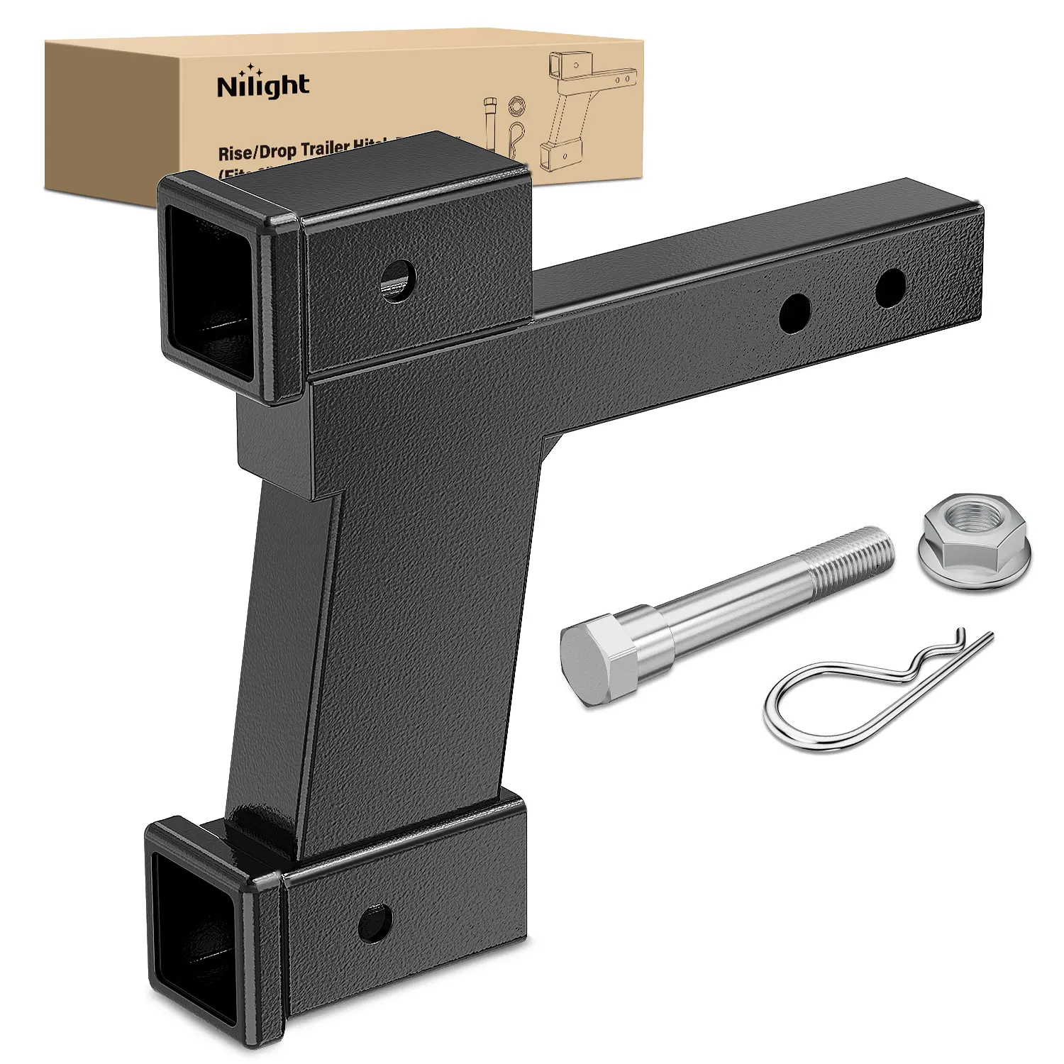 Nilight Trailer Hitch Extension Riser, 2-Inch Receiver Fit (Class I-VI), 2/8-In Rise/Drop, 8/10-In Adjustable Length, 10000 lbs Capacity, Matte Black Electrophoresis Coated (Electrophoresis Process), 1 Additional Clip, Durability, Noise Elimination, Outdo