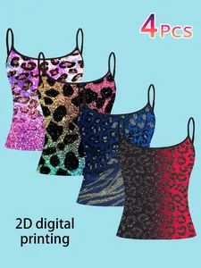 4-Piece Set Sequin Gradient Leopard Strapless Top, Glitter Print Slim Fit Sleeveless Tee, Party Nightclub Sexy Summer Outerwear
